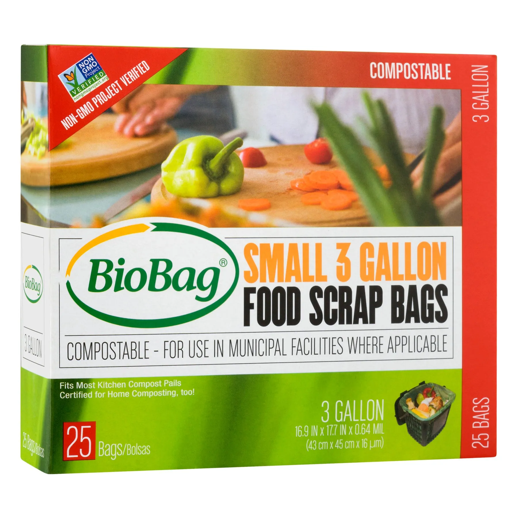 16.9" x 17.7" x 0.64 mil 3 Gallon Green Home-Compostable Plastic Food Scrap Collection Bags (300 Bags, 25 Bags/Box, 12 Boxes/Case)