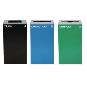 29 Gallon Trash/recycling Cans, Steel, Blue Cans/bottles Recycling And Green Compost Can W/mixed Lid, Black Trash Can Sq Lid