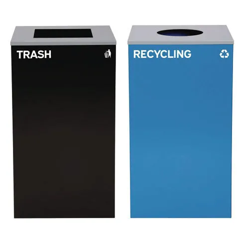 29 Gallon Trash/recycling Cans, Steel, Blue Recycling With Circle Lid, Black Trash Can With Square Lid