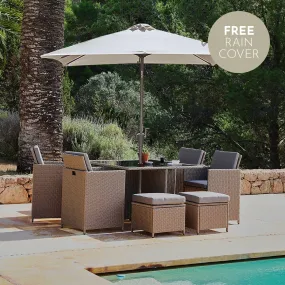 8 Seater Rattan Cube Outdoor Dining Set with Cream LED Premium Parasol - Natural Brown Weave