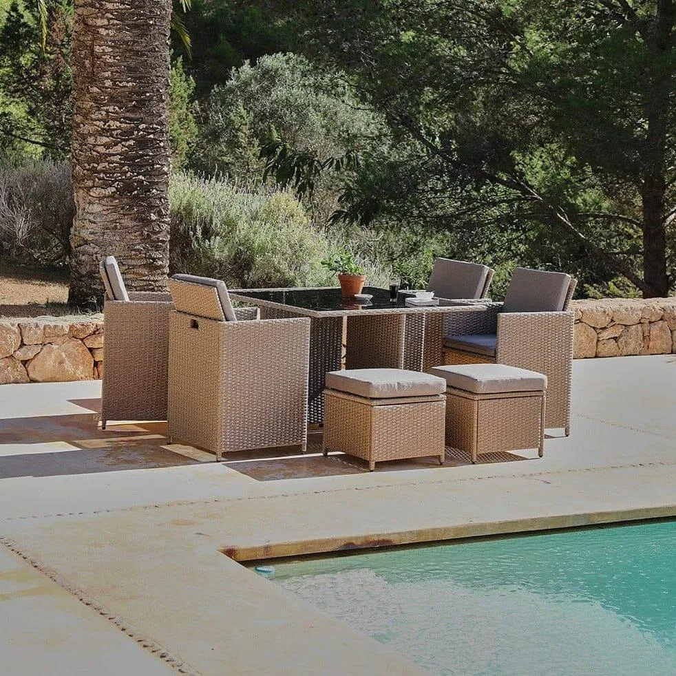 8 Seater Rattan Cube Outdoor Dining Set with Cream LED Premium Parasol - Natural Brown Weave