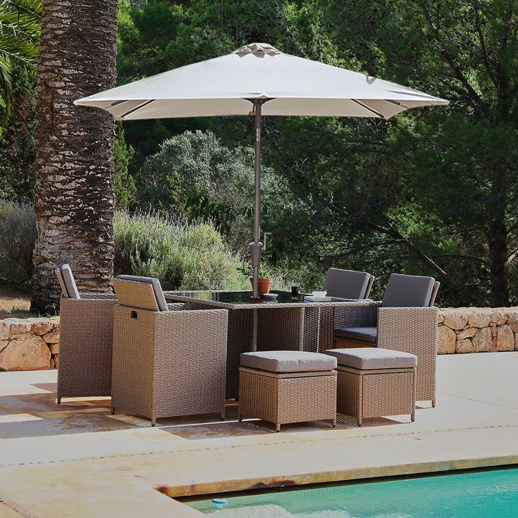 8 Seater Rattan Cube Outdoor Dining Set with Cream LED Premium Parasol - Natural Brown Weave