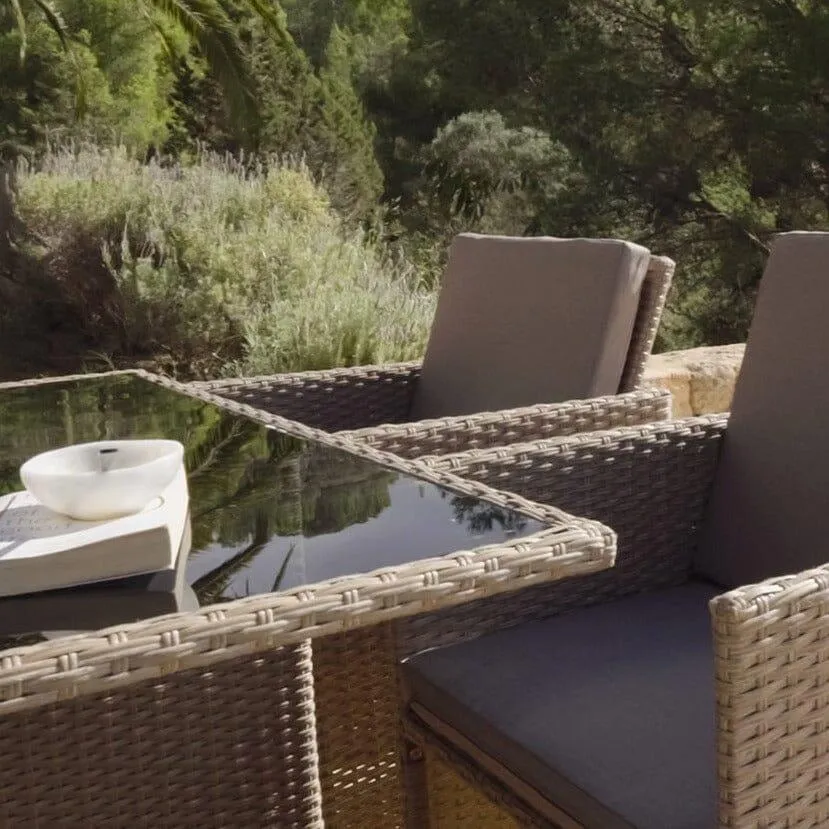 8 Seater Rattan Cube Outdoor Dining Set with Cream LED Premium Parasol - Natural Brown Weave