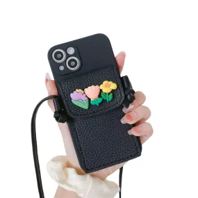Anymob iPhone Black Crossbody Lanyard Rope Card Slot Holder Case Flowers Soft Silicone Cover