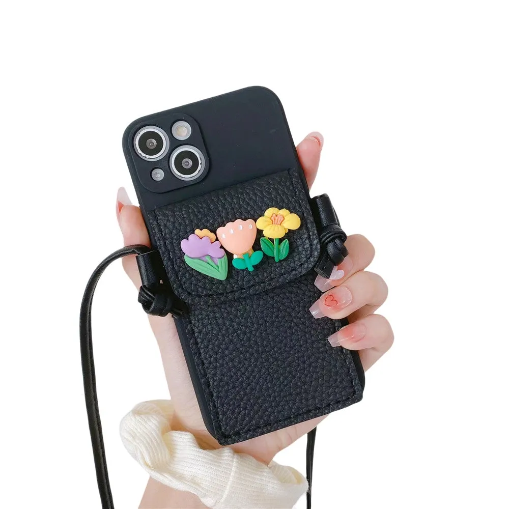 Anymob iPhone Black Crossbody Lanyard Rope Card Slot Holder Case Flowers Soft Silicone Cover
