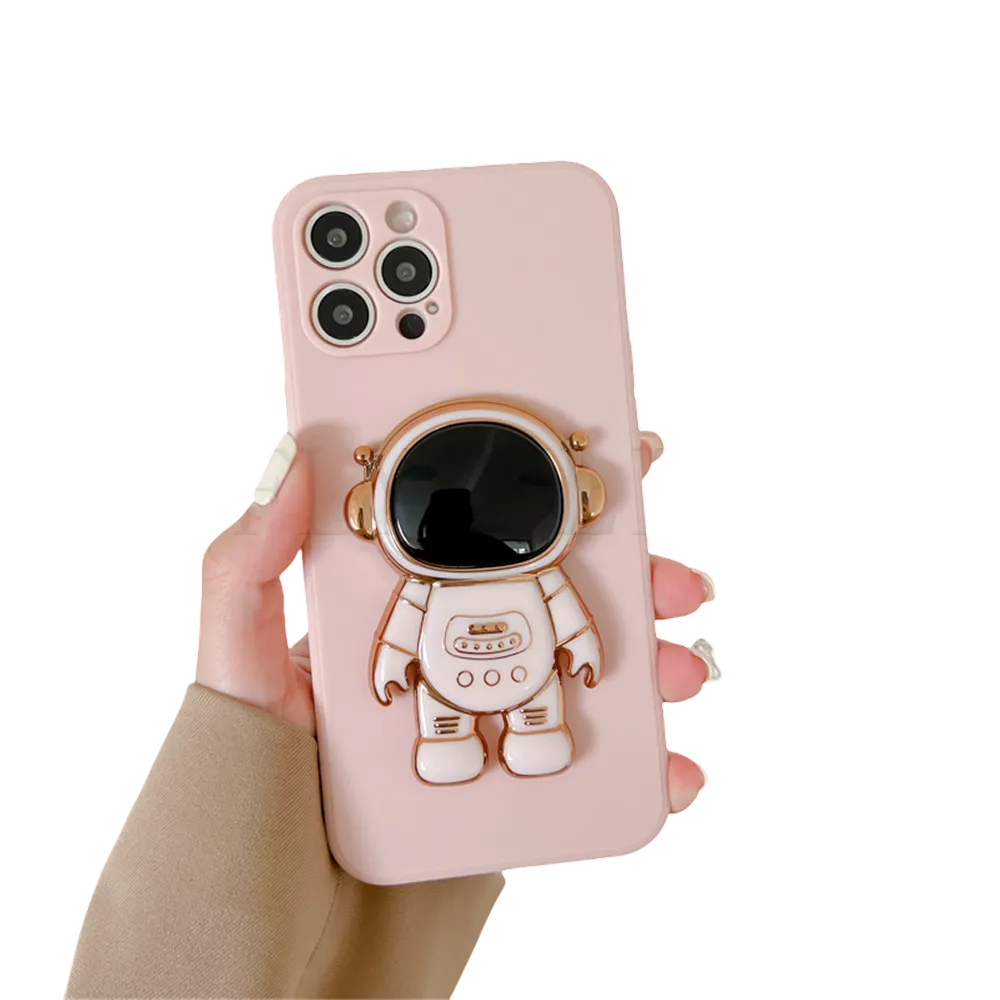 Anymob iPhone Pink 3D Astronaut Folding Stand Shockproof Soft Silicon Cover