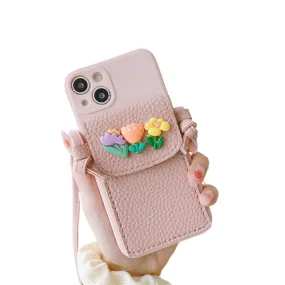 Anymob iPhone Pink Crossbody Lanyard Rope Card Slot Holder Case Flowers Soft Silicone Cover