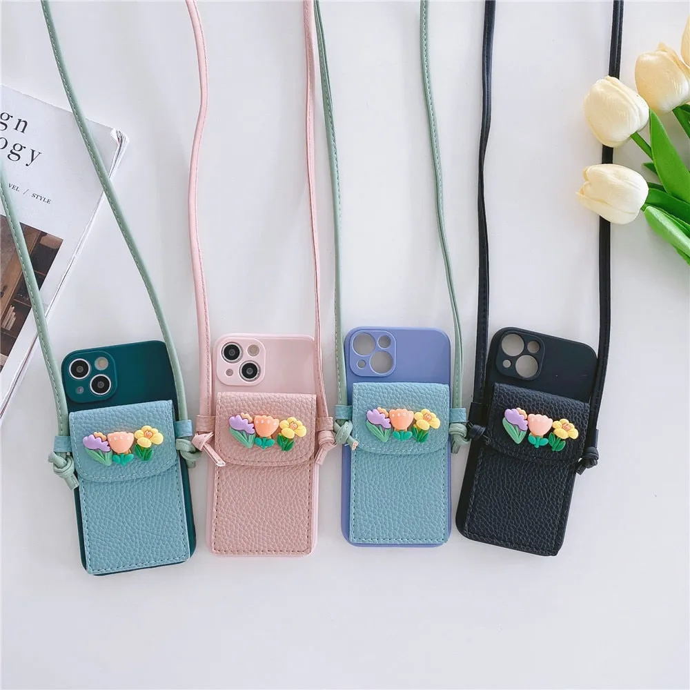 Anymob iPhone Pink Crossbody Lanyard Rope Card Slot Holder Case Flowers Soft Silicone Cover