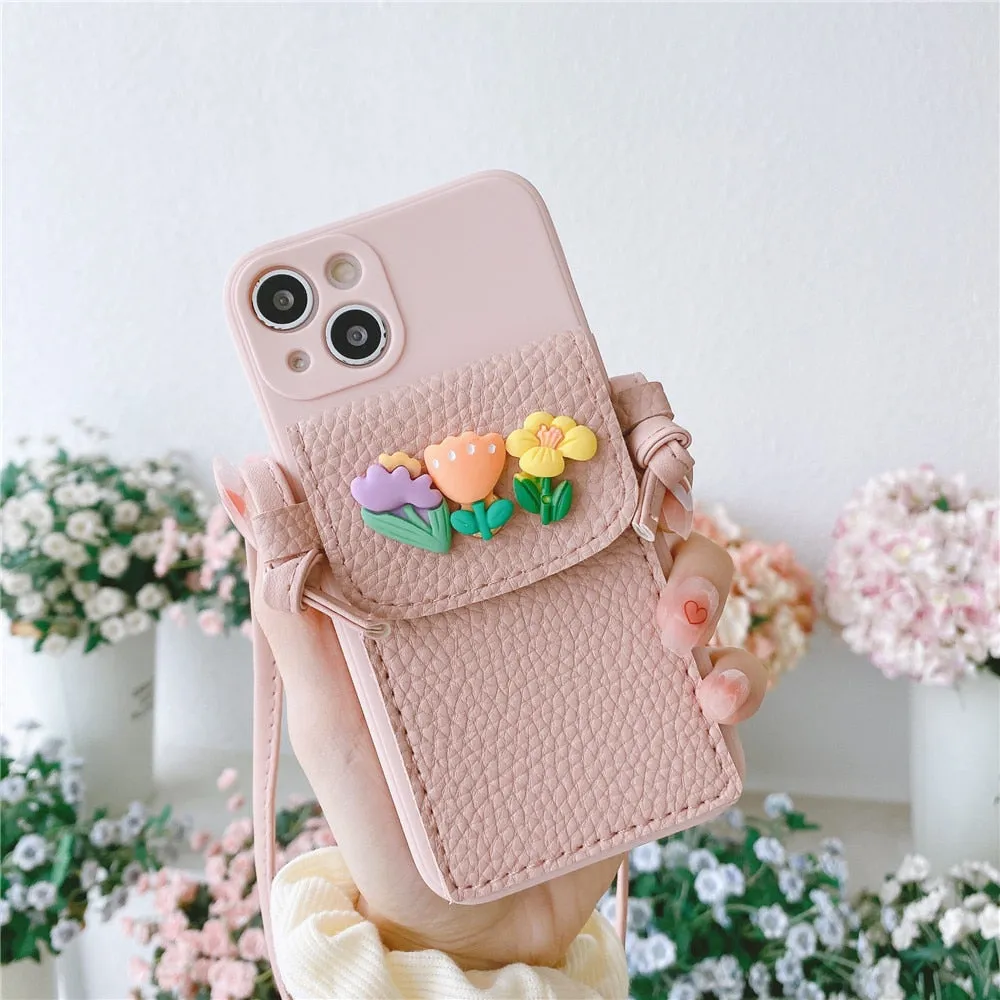 Anymob iPhone Pink Crossbody Lanyard Rope Card Slot Holder Case Flowers Soft Silicone Cover