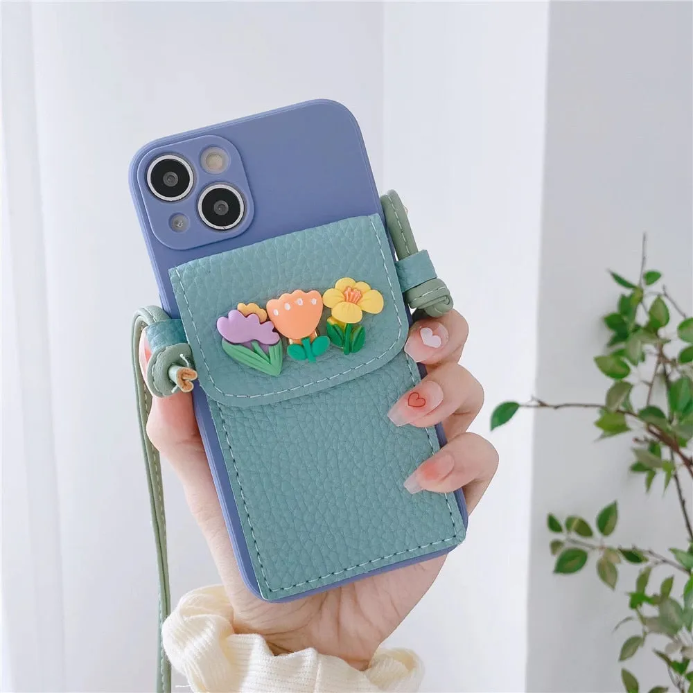 Anymob iPhone Pink Crossbody Lanyard Rope Card Slot Holder Case Flowers Soft Silicone Cover