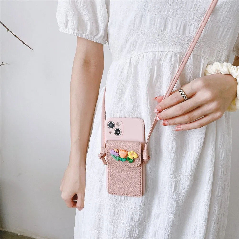 Anymob iPhone Pink Crossbody Lanyard Rope Card Slot Holder Case Flowers Soft Silicone Cover