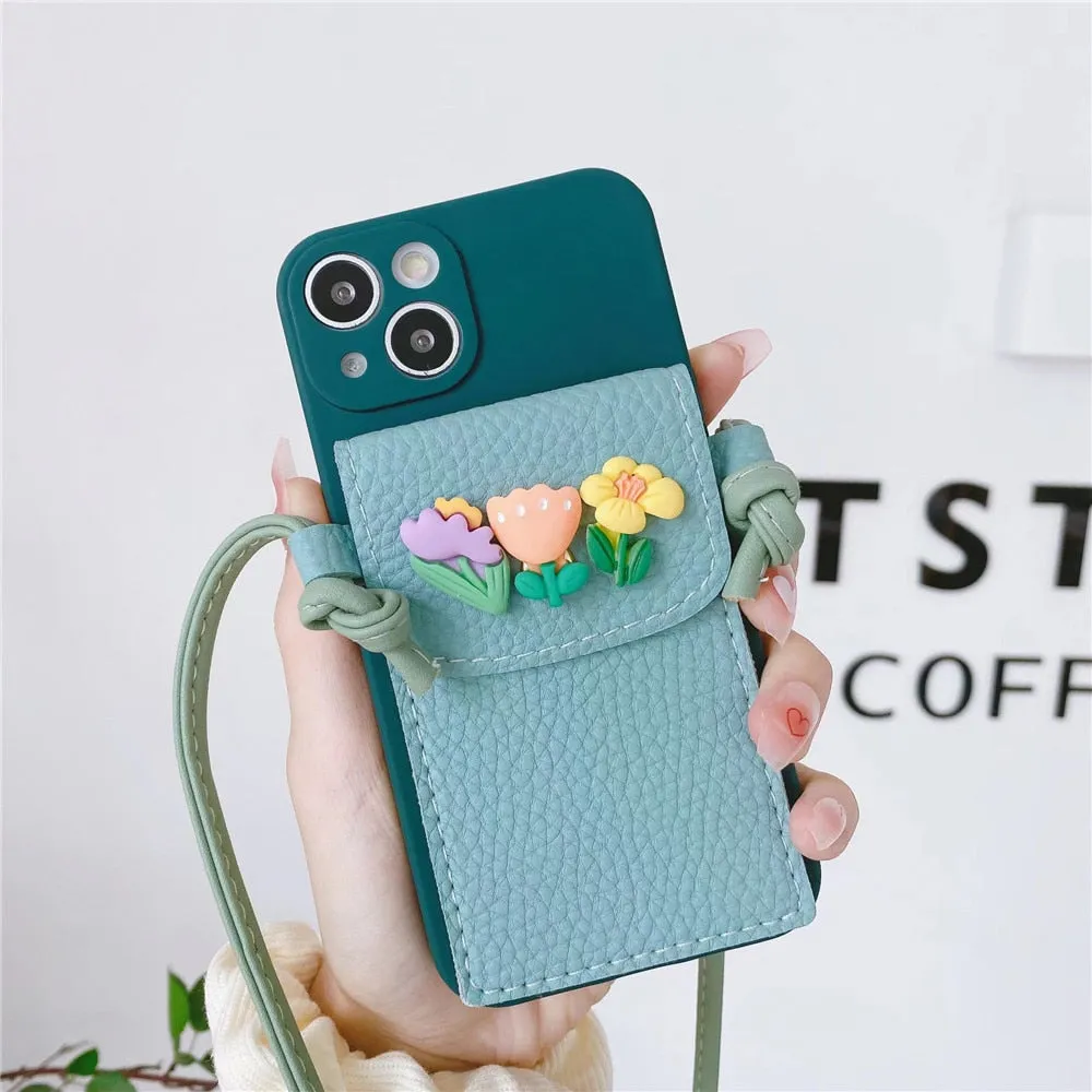 Anymob iPhone Pink Crossbody Lanyard Rope Card Slot Holder Case Flowers Soft Silicone Cover
