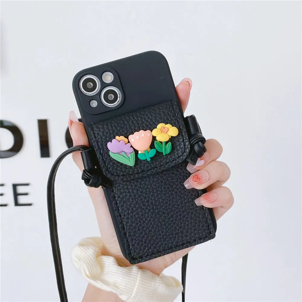 Anymob iPhone Pink Crossbody Lanyard Rope Card Slot Holder Case Flowers Soft Silicone Cover