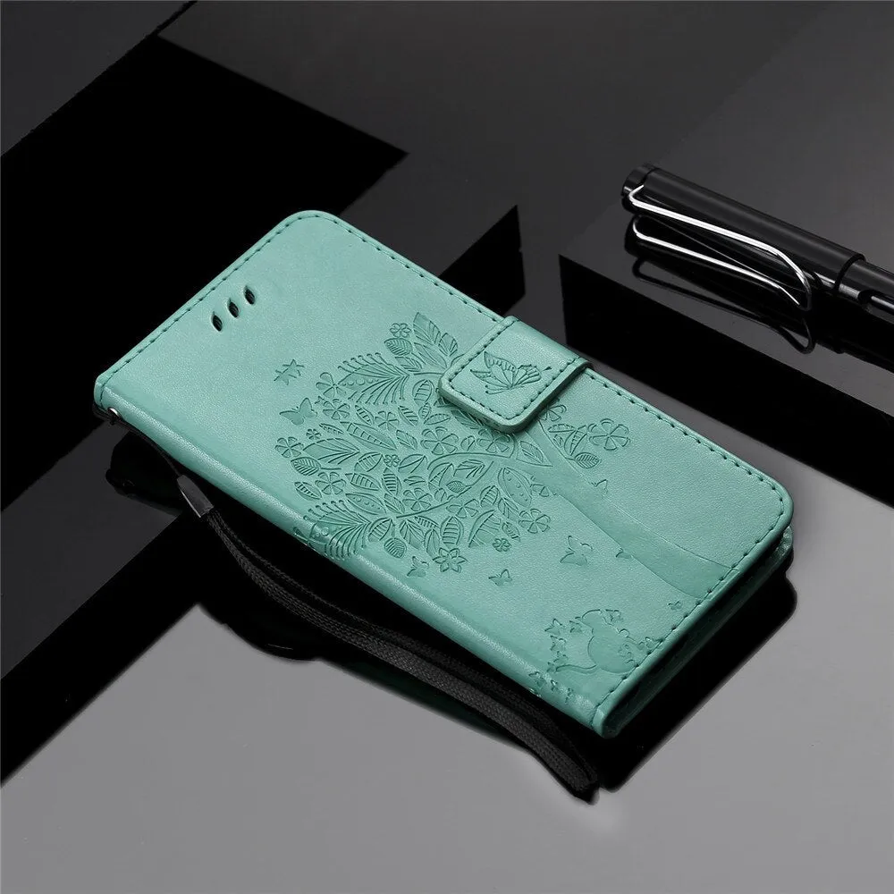 Anymob Samsung Green Tree Cat Leather Flip Case Wallet Phone Cover Protection