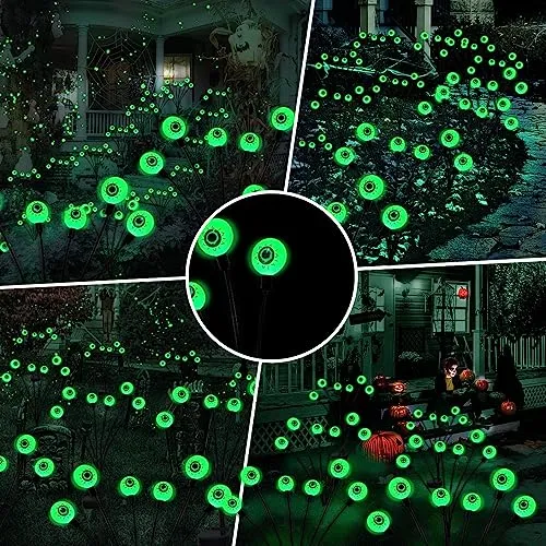 BeHiller Halloween Decorations Outdoor Solar Scary Eyeball Lights,2PACKS 12LED Green Eyeball Swaying Firefly Lights,Waterproof Solar Halloween Path Lights for Yard/Garden/Lawn/Party Decor