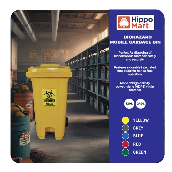 Biohazard Dustbin | Integrated Foot Pedal Waste Bin | 120L, 240L | Multiple  Colours | Trash Bin