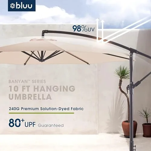 BLUU BANYAN 10 FT Patio Offset Umbrella Cantilever Hanging Umbrellas, 24 Month Fade Resistance & Water-repellent UV Protection, Crank & Cross Base (Beige, 10 FT WITH 600D COVER)