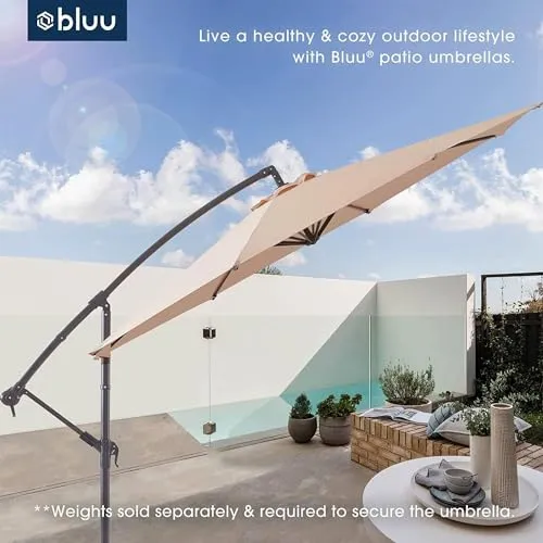 BLUU BANYAN 10 FT Patio Offset Umbrella Cantilever Hanging Umbrellas, 24 Month Fade Resistance & Water-repellent UV Protection, Crank & Cross Base (Beige, 10 FT WITH 600D COVER)