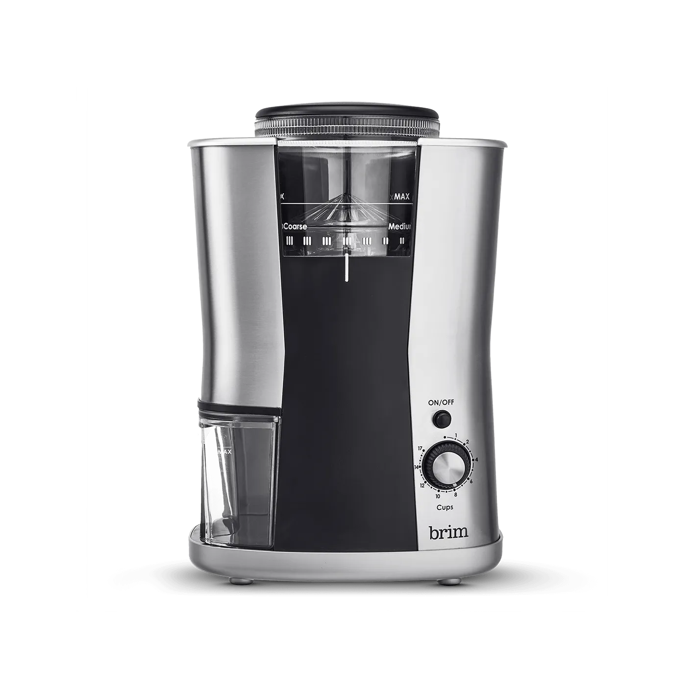 Brim Conical Burr Coffee Grinder, Uniformly Grinds Beans for 1-17 Cups of Coffee, Features Removable Bean Container, 17 Precise Grind Size Settings, and Convenient Auto Shut Off, Stainless Steel/Black 120V /AC 60Hz  130W