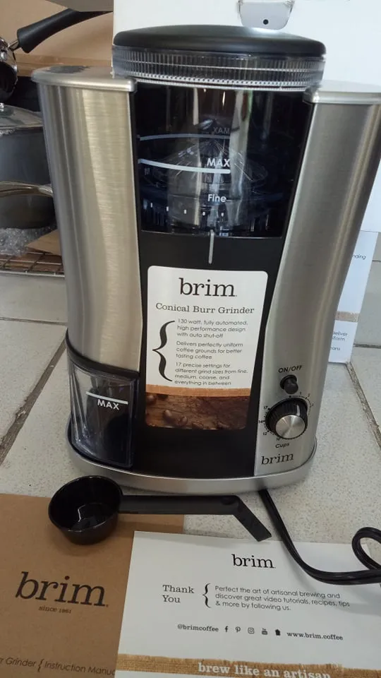 Brim Conical Burr Coffee Grinder, Uniformly Grinds Beans for 1-17 Cups of Coffee, Features Removable Bean Container, 17 Precise Grind Size Settings, and Convenient Auto Shut Off, Stainless Steel/Black 120V /AC 60Hz  130W