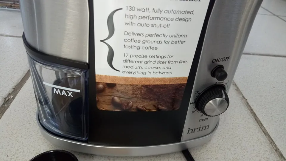 Brim Conical Burr Coffee Grinder, Uniformly Grinds Beans for 1-17 Cups of Coffee, Features Removable Bean Container, 17 Precise Grind Size Settings, and Convenient Auto Shut Off, Stainless Steel/Black 120V /AC 60Hz  130W