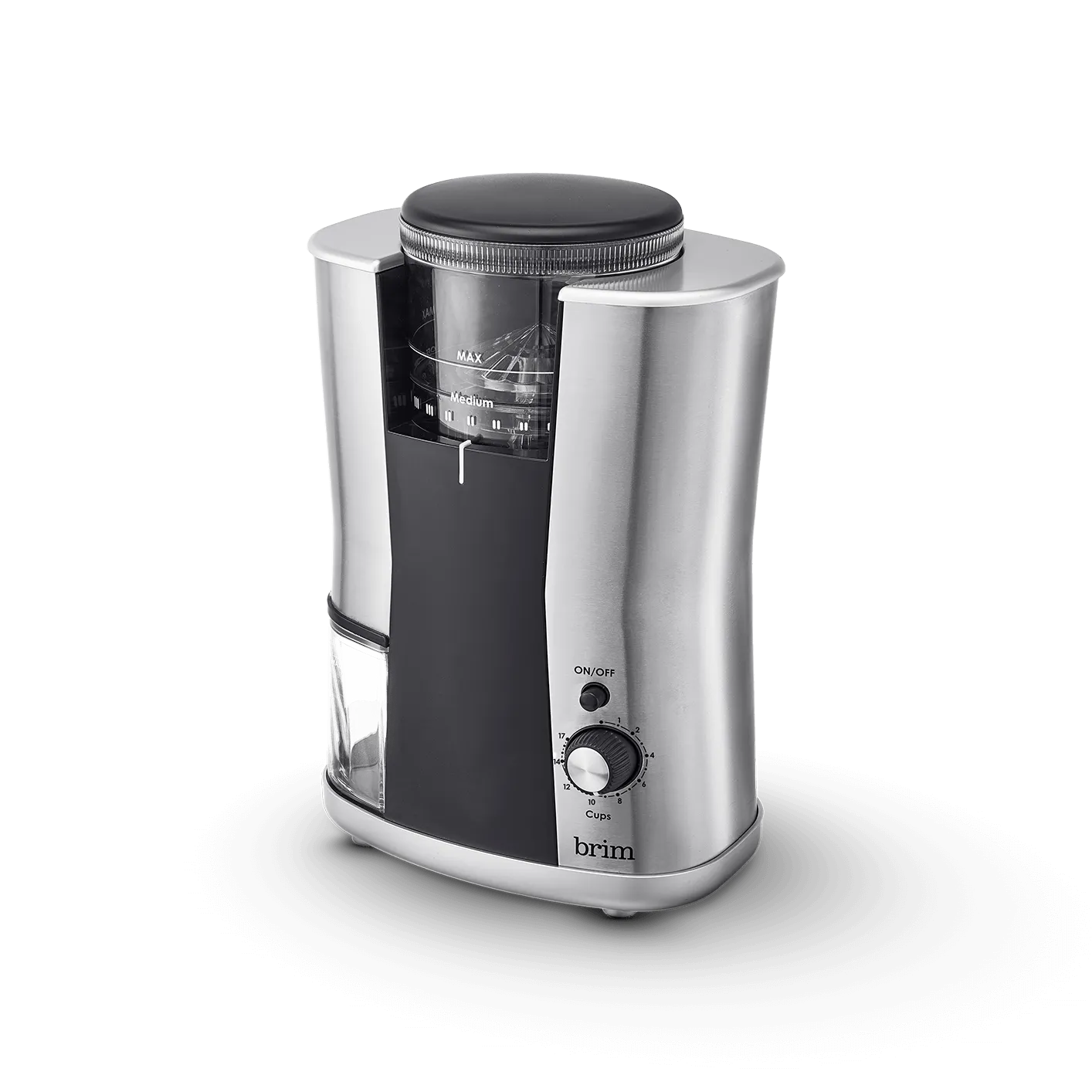 Brim Conical Burr Coffee Grinder, Uniformly Grinds Beans for 1-17 Cups of Coffee, Features Removable Bean Container, 17 Precise Grind Size Settings, and Convenient Auto Shut Off, Stainless Steel/Black 120V /AC 60Hz  130W