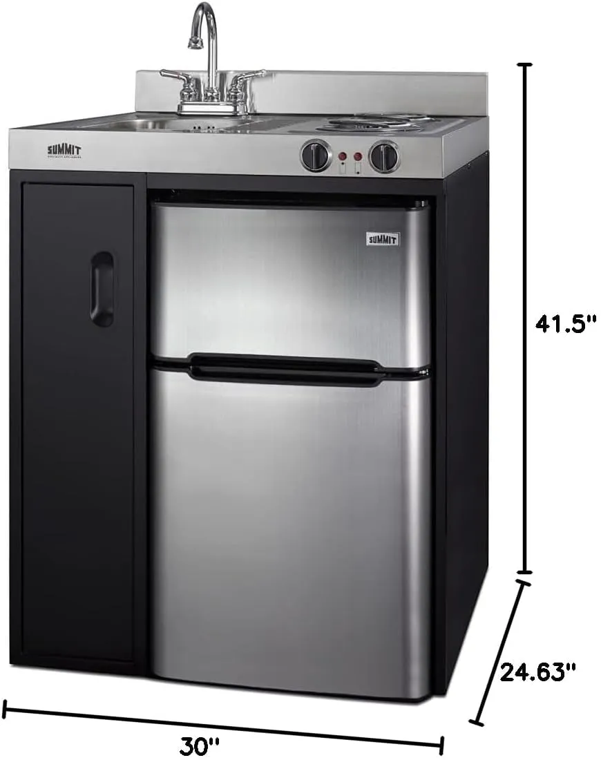 C30ELBK 30" Wide All-In-One Kitchenette in Black with a 2-Burner 115V Coil Cooktop, 2-Door Refrigerator-Freezer, Sink, and Large Storage Cabinet