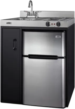 C30ELBK 30" Wide All-In-One Kitchenette in Black with a 2-Burner 115V Coil Cooktop, 2-Door Refrigerator-Freezer, Sink, and Large Storage Cabinet