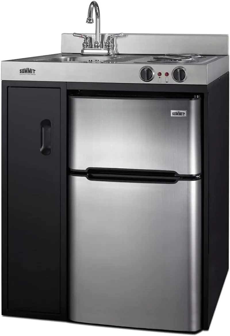 C30ELBK 30" Wide All-In-One Kitchenette in Black with a 2-Burner 115V Coil Cooktop, 2-Door Refrigerator-Freezer, Sink, and Large Storage Cabinet