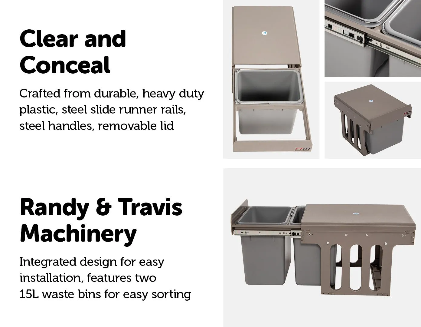 Dual 15L Pull Out Kitchen Trash Bins with Lid - 30L Total Capacity