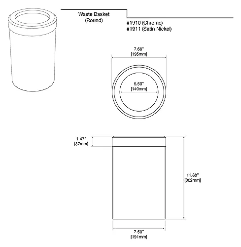 Gatco 1910 Waste Can Modern Bathroom, Kitchen, Office Trash Bin, Round, Chrome