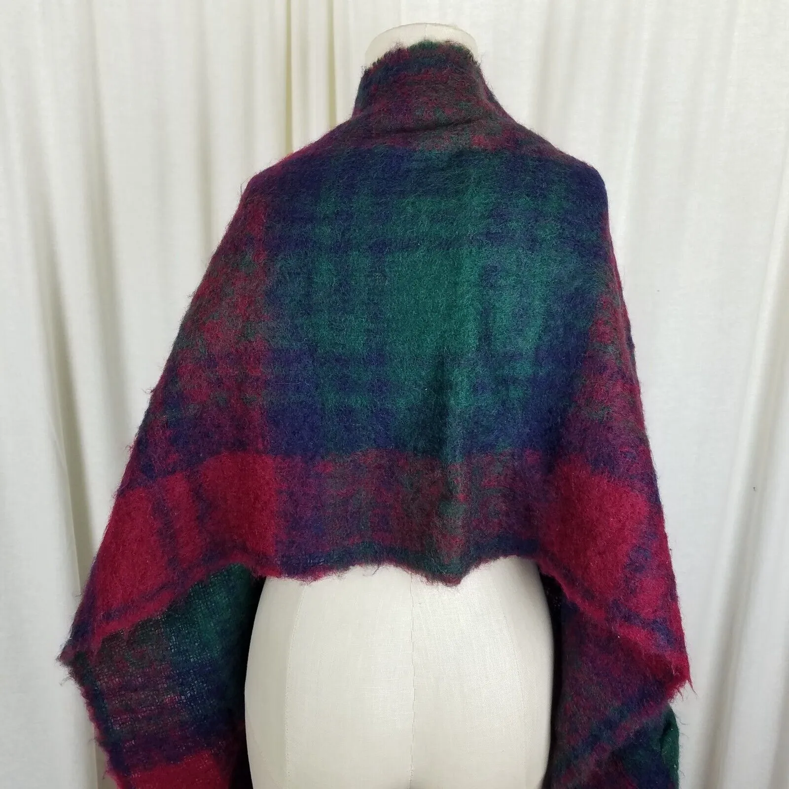 Glentana Made in Scotland All Mohair Pile Plaid Fringe Scarf Wrap Pockets Womens