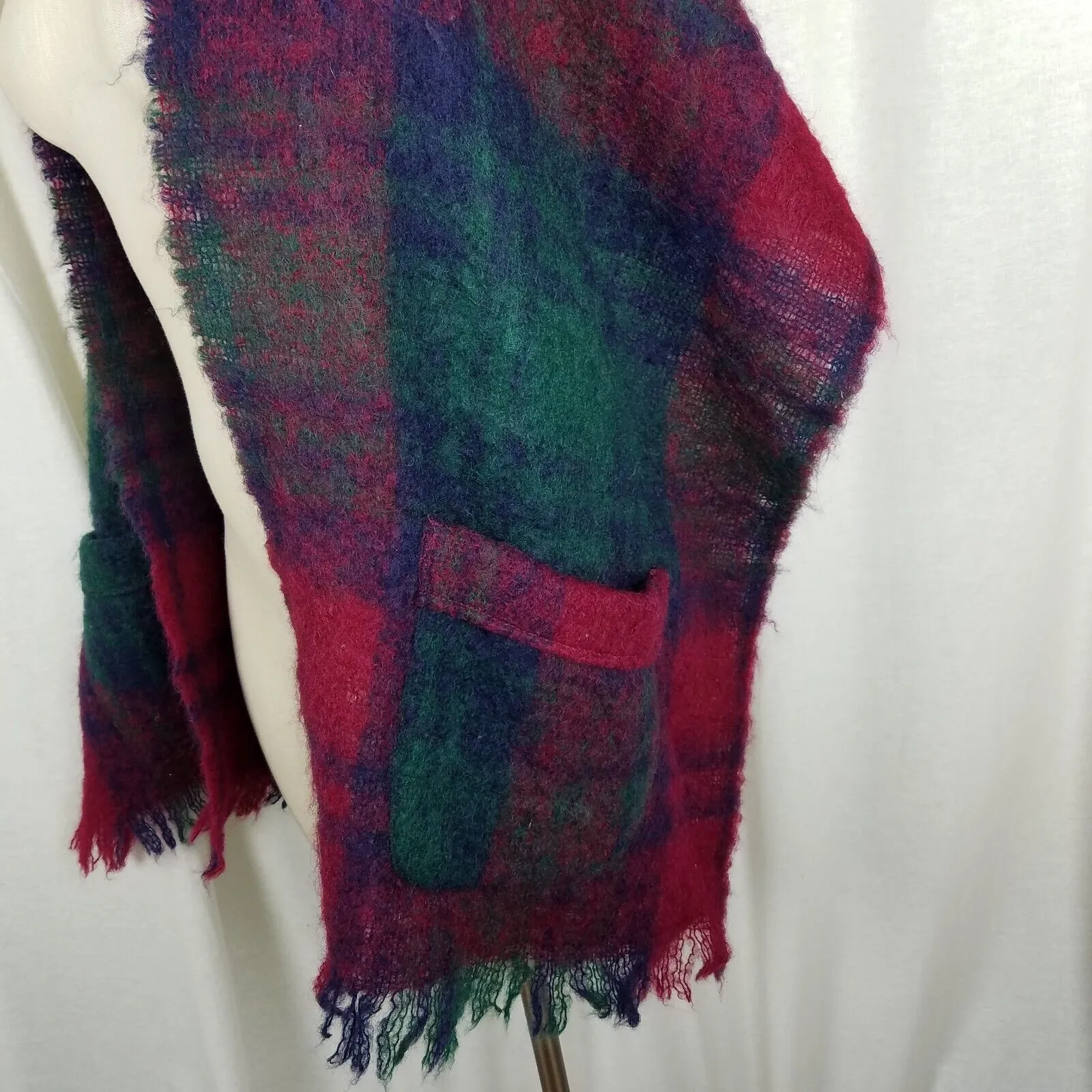 Glentana Made in Scotland All Mohair Pile Plaid Fringe Scarf Wrap Pockets Womens