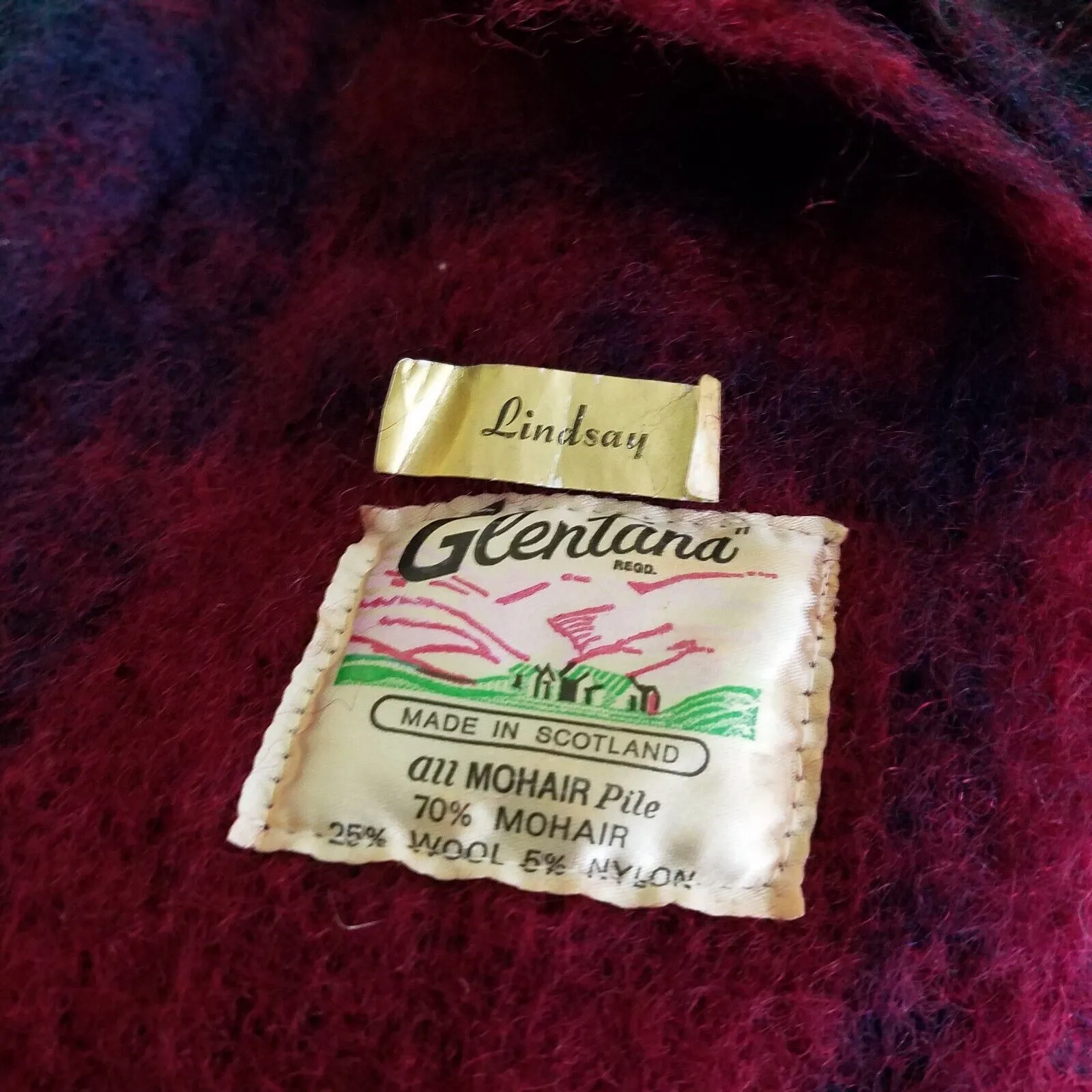 Glentana Made in Scotland All Mohair Pile Plaid Fringe Scarf Wrap Pockets Womens