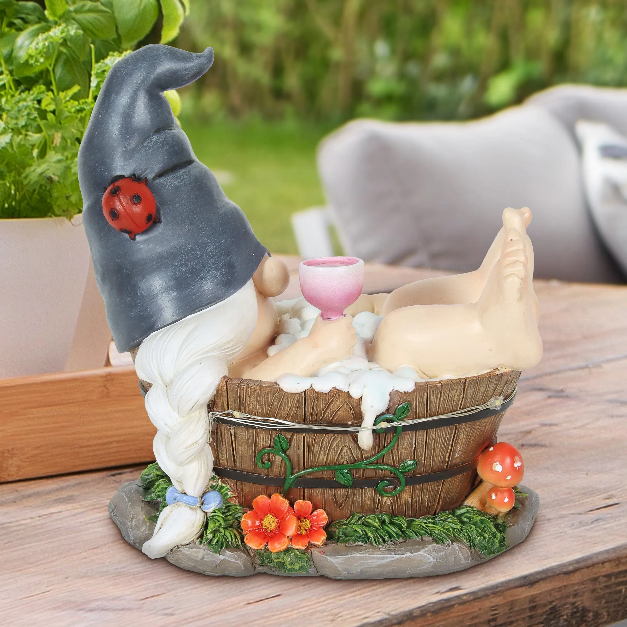 Good Time Bubble Bath Betty Gnome in a Tub Garden Statue with LED lights on a Battery Operated Timer, 7.5 by 7.5 Inches