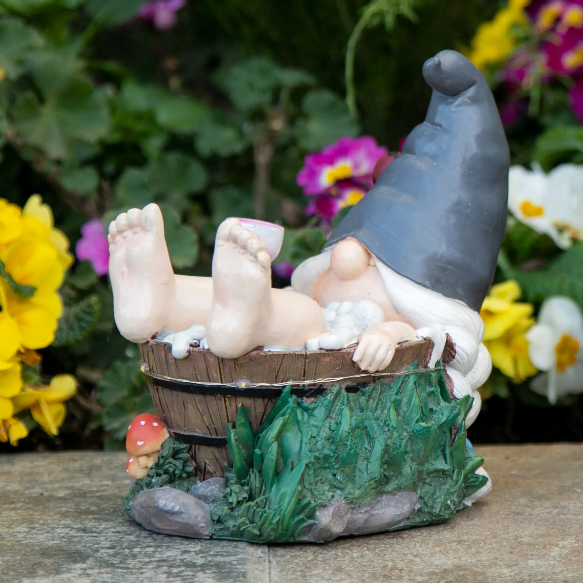 Good Time Bubble Bath Betty Gnome in a Tub Garden Statue with LED lights on a Battery Operated Timer, 7.5 by 7.5 Inches