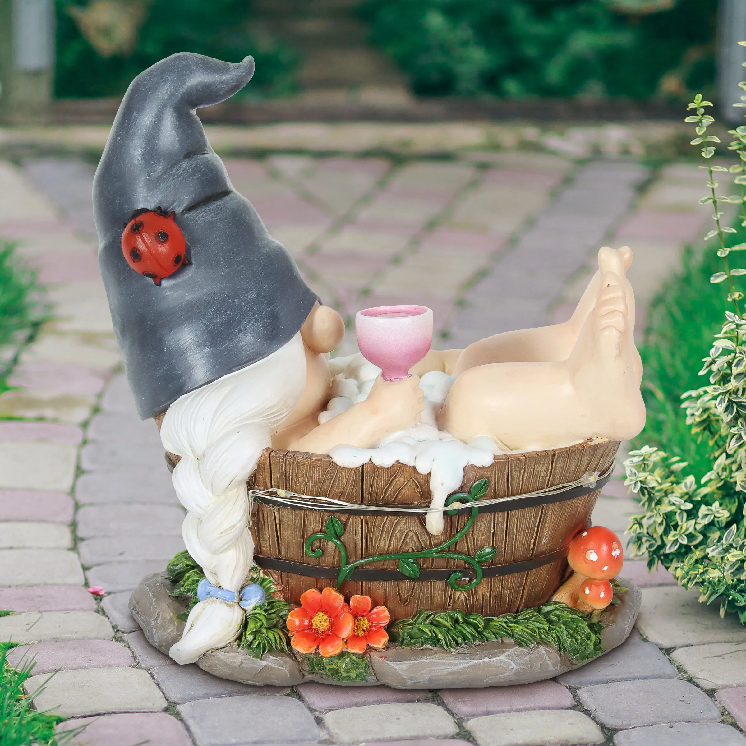 Good Time Bubble Bath Betty Gnome in a Tub Garden Statue with LED lights on a Battery Operated Timer, 7.5 by 7.5 Inches