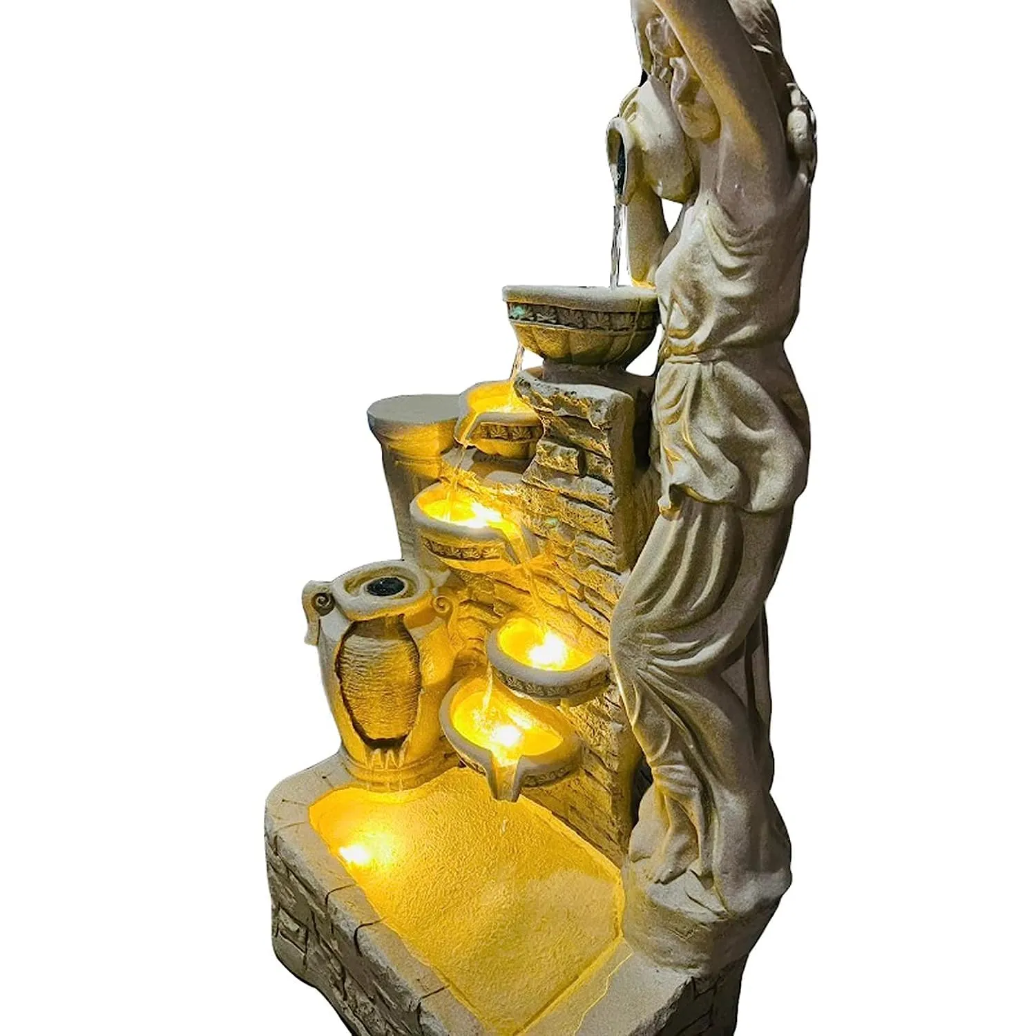Holiness Craft 4.5 ft Lady with 4 Pot Premium Fiber Water Fountain for Living Room Home Decor Garden Patio Deck Porch - Yard Art Decoration Gift Gifting with LED Lights Water Pump