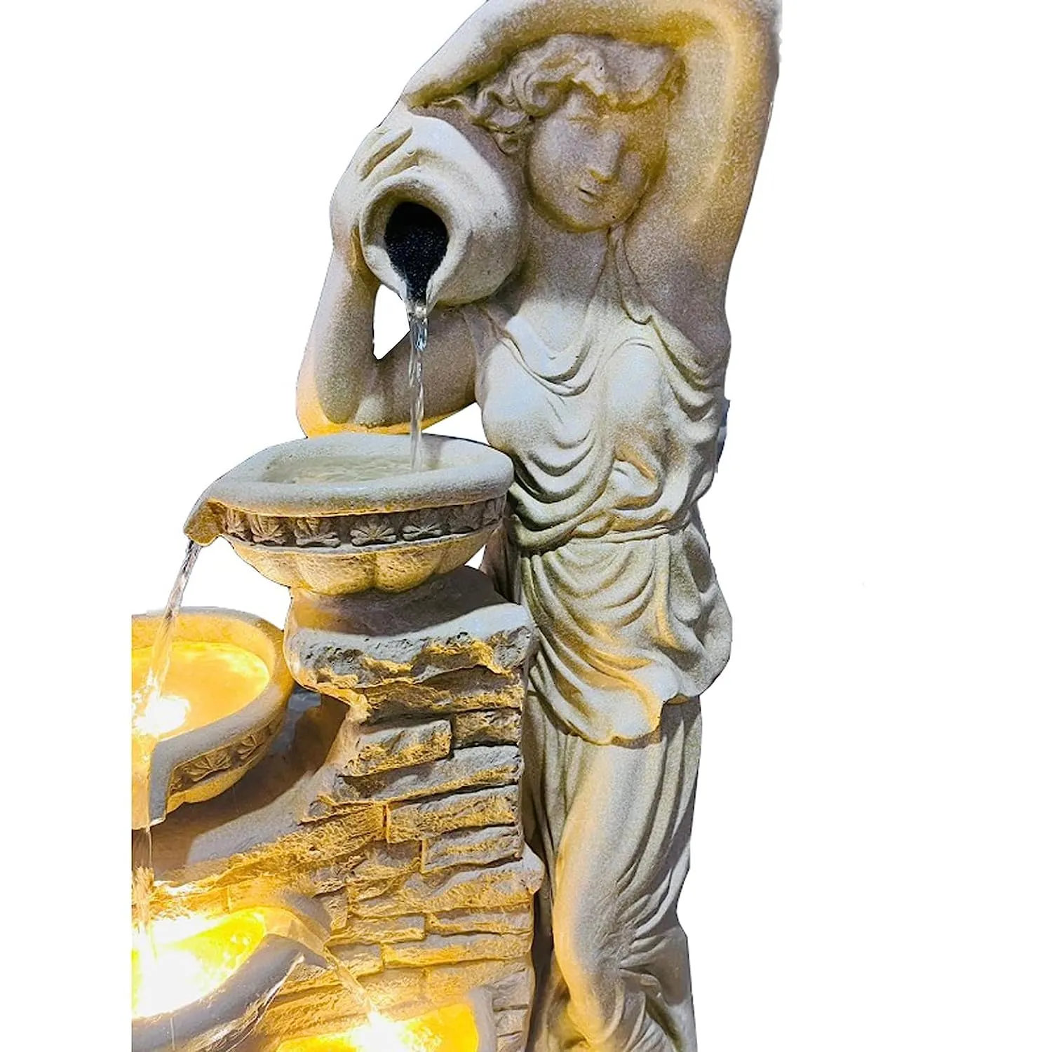 Holiness Craft 4.5 ft Lady with 4 Pot Premium Fiber Water Fountain for Living Room Home Decor Garden Patio Deck Porch - Yard Art Decoration Gift Gifting with LED Lights Water Pump