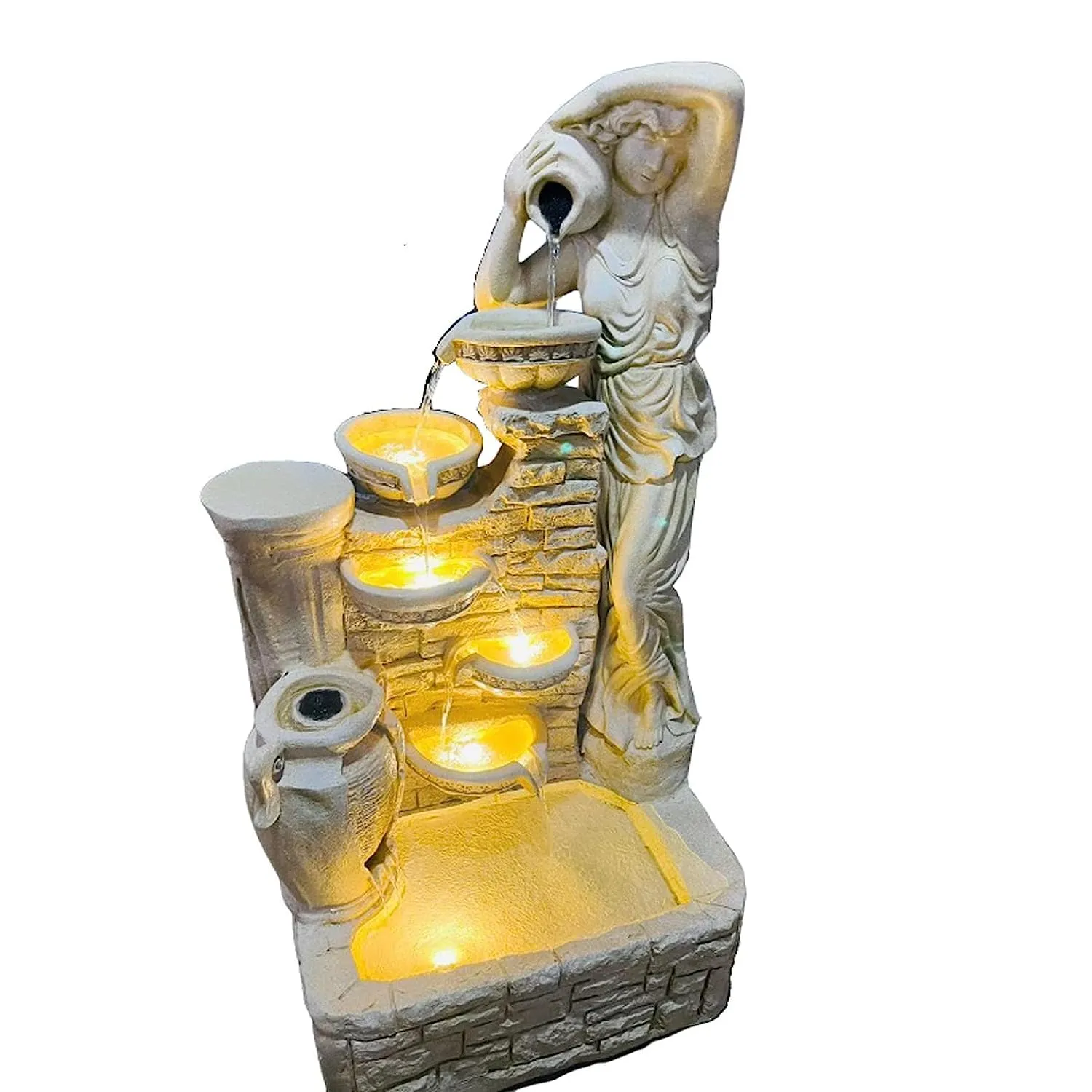 Holiness Craft 4.5 ft Lady with 4 Pot Premium Fiber Water Fountain for Living Room Home Decor Garden Patio Deck Porch - Yard Art Decoration Gift Gifting with LED Lights Water Pump