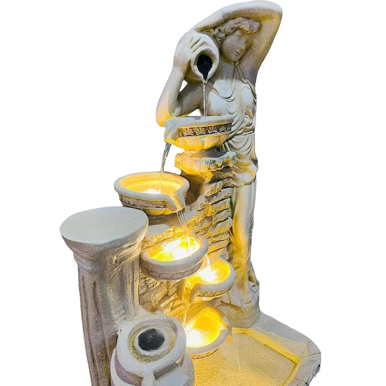 Holiness Craft 4.5 ft Lady with 4 Pot Premium Fiber Water Fountain for Living Room Home Decor Garden Patio Deck Porch - Yard Art Decoration Gift Gifting with LED Lights Water Pump