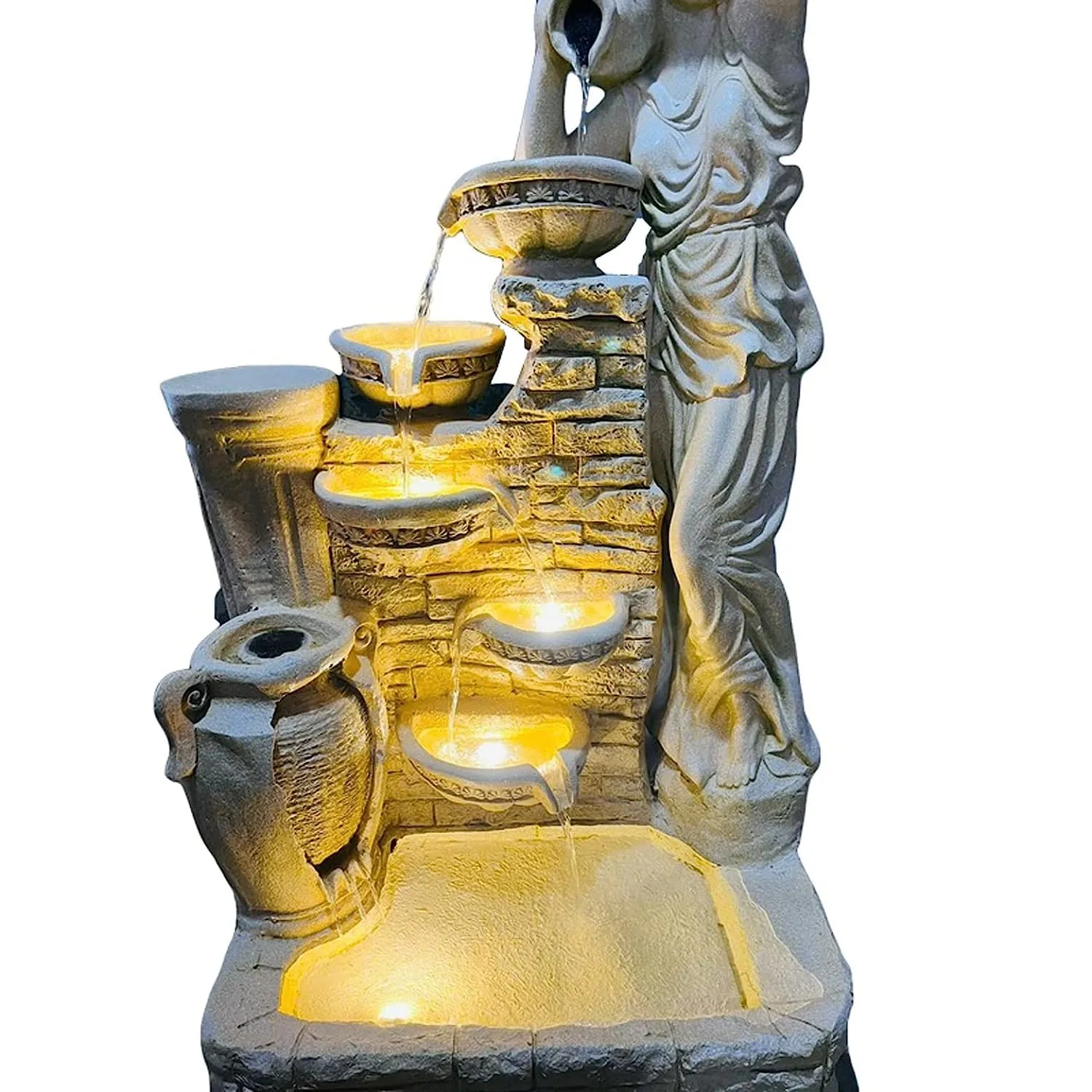 Holiness Craft 4.5 ft Lady with 4 Pot Premium Fiber Water Fountain for Living Room Home Decor Garden Patio Deck Porch - Yard Art Decoration Gift Gifting with LED Lights Water Pump
