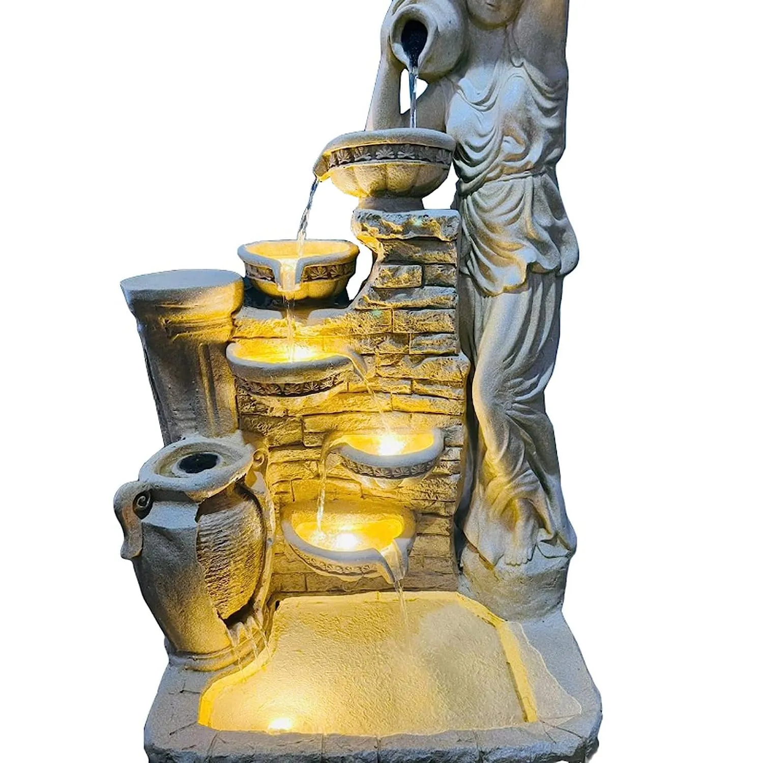 Holiness Craft 4.5 ft Lady with 4 Pot Premium Fiber Water Fountain for Living Room Home Decor Garden Patio Deck Porch - Yard Art Decoration Gift Gifting with LED Lights Water Pump