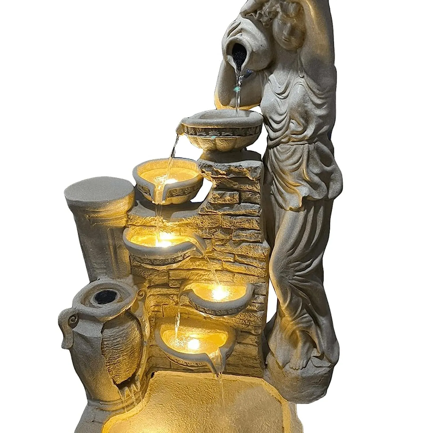 Holiness Craft 4.5 ft Lady with 4 Pot Premium Fiber Water Fountain for Living Room Home Decor Garden Patio Deck Porch - Yard Art Decoration Gift Gifting with LED Lights Water Pump