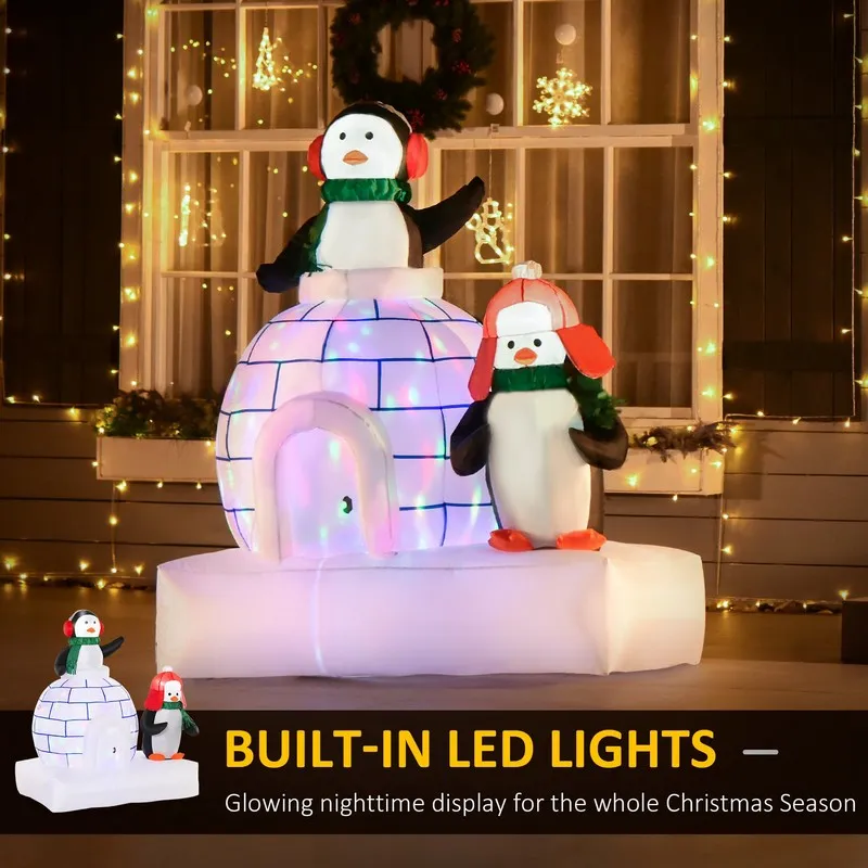 Homcom 5ft Christmas Inflatable Two Penguins Wearing a Scarf with Ice House Blow Up Decor Home Indoors with Built-in LED Lights Outdoor Toys in Lawn Garden