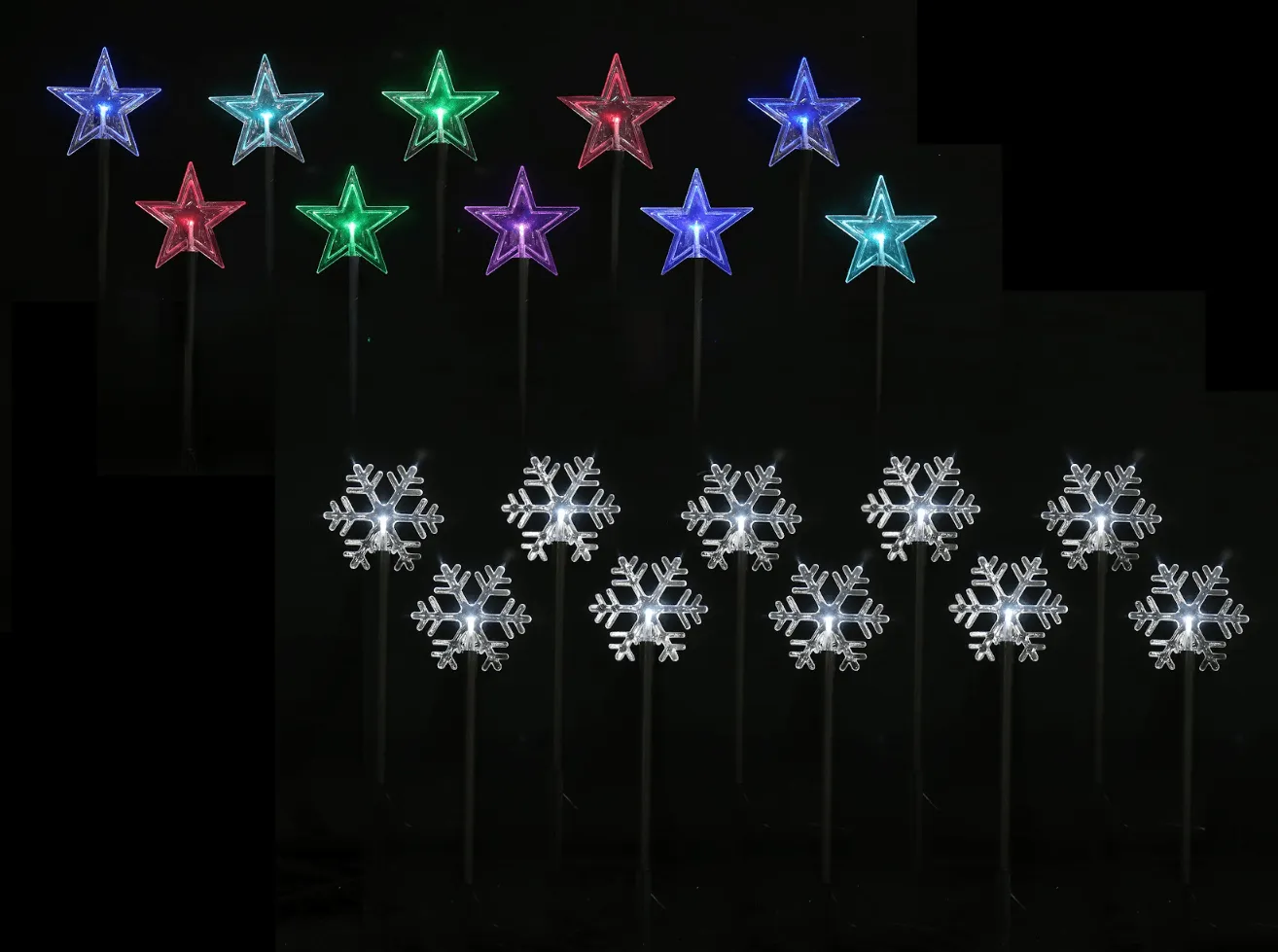 LED Battery Multicolour Snowflakes/ White Stars Stakes with Timer (5pc)