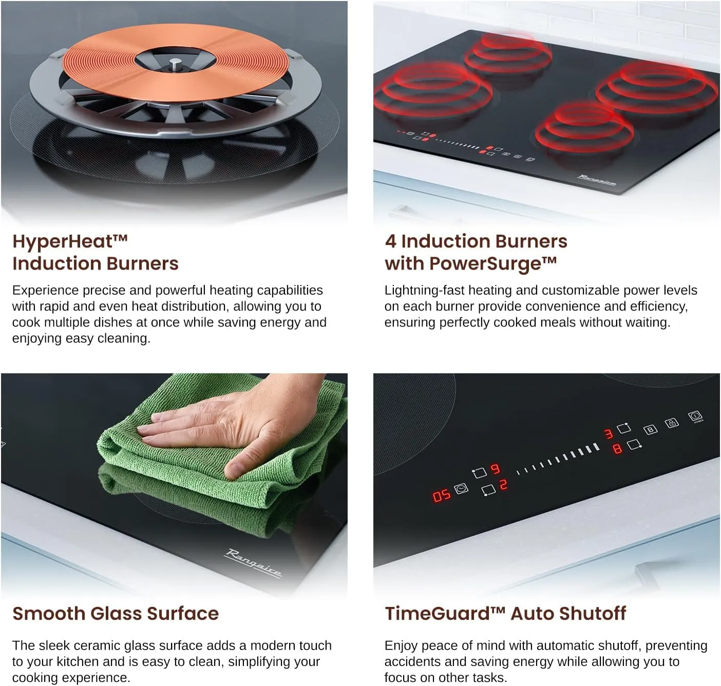 RCI301S 30" Induction Cooktop, 8100W, 4 Burners, Built-In Stove Top, Booster & Timer, 9 Power Levels, Slide Touch Control