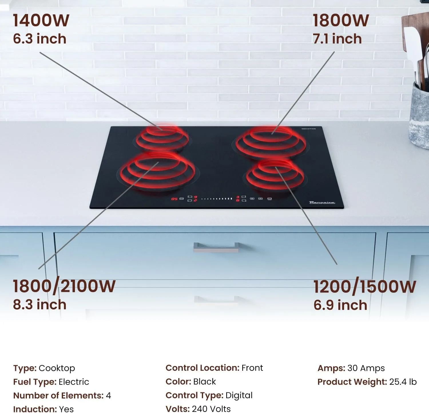 RCI301S 30" Induction Cooktop, 8100W, 4 Burners, Built-In Stove Top, Booster & Timer, 9 Power Levels, Slide Touch Control
