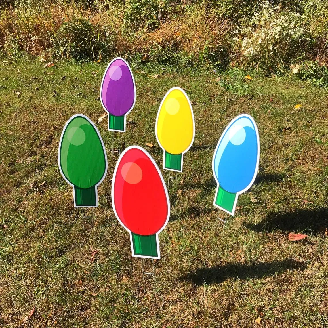 REFLECTIVE Christmas Bulb Yard Decorations  |  Christmas Lawn Signs  | Multi-colored  |  Set of 5  |  Holiday