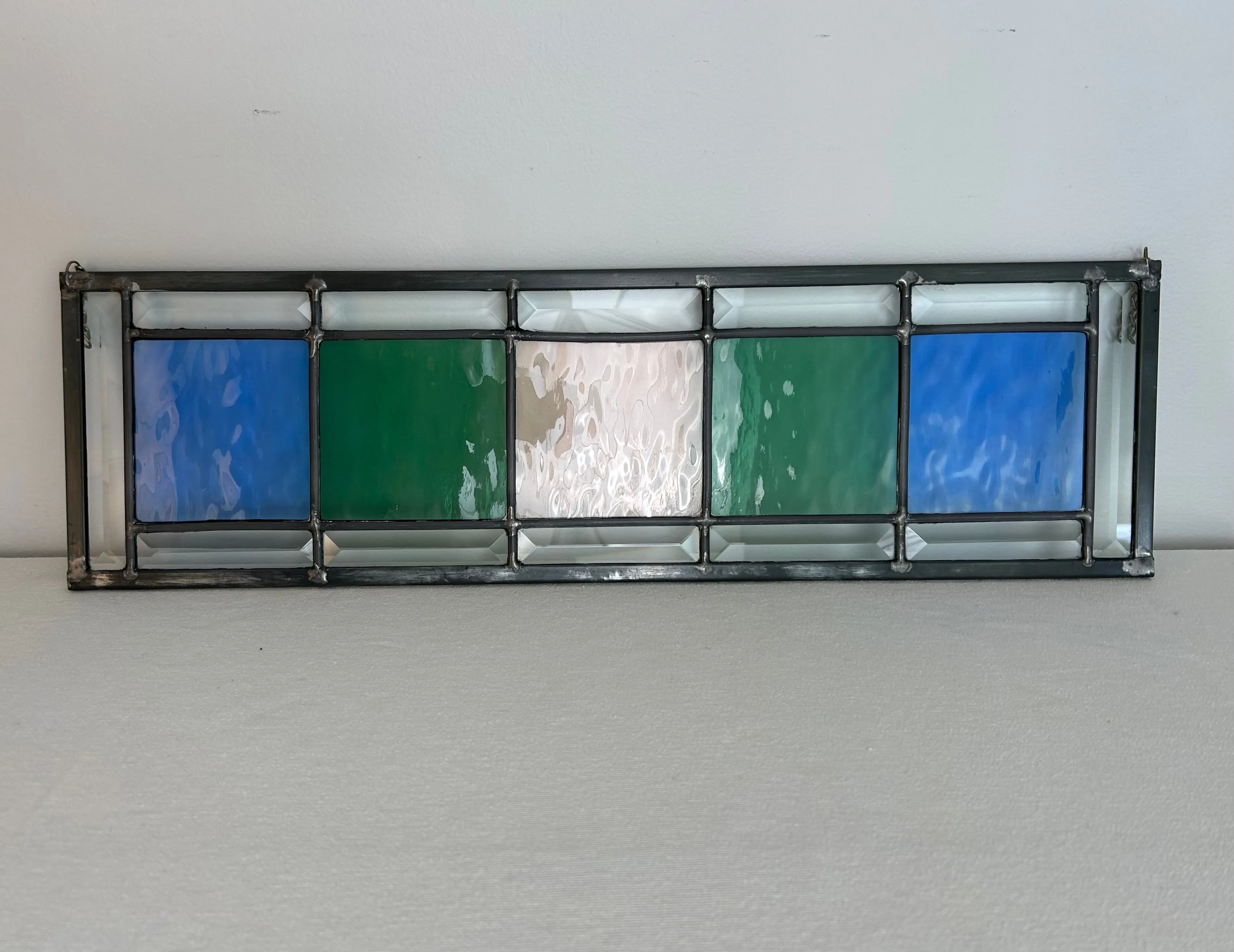 Stained Glass Panel with Faceted Edge, Blue, Green, Beige
